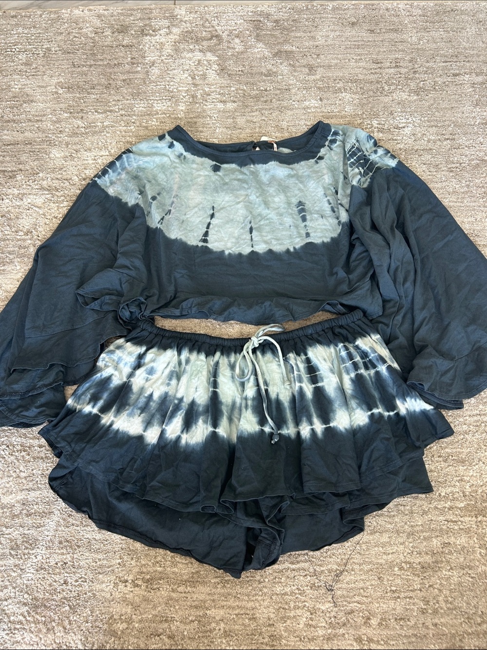 Free People Tie-Dye Relaxed Crop Top & Shorts Set - Navy and White